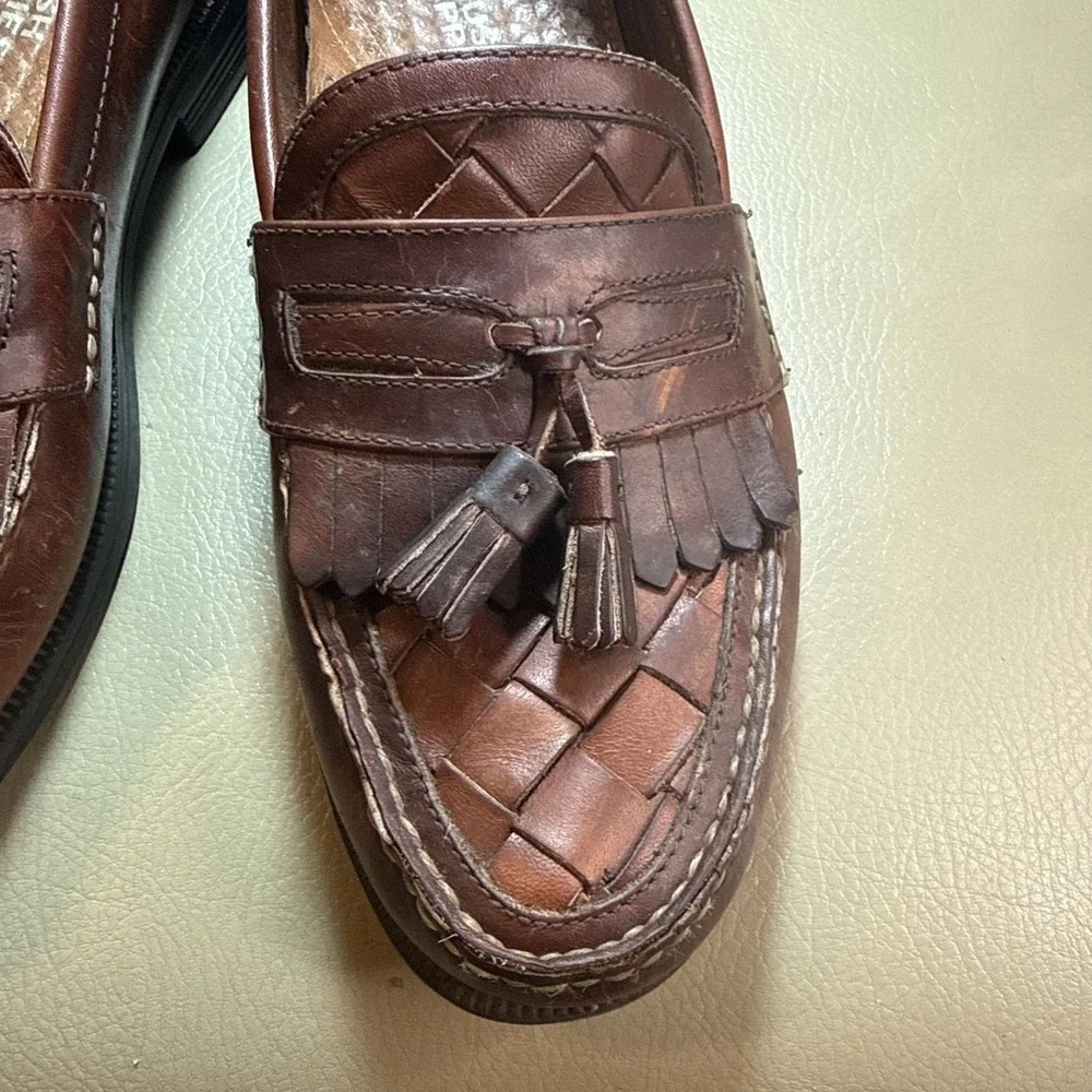 Vintage 90s Brown Hush‎ Puppies Lancer Woven Leather Tassel Loafers 11